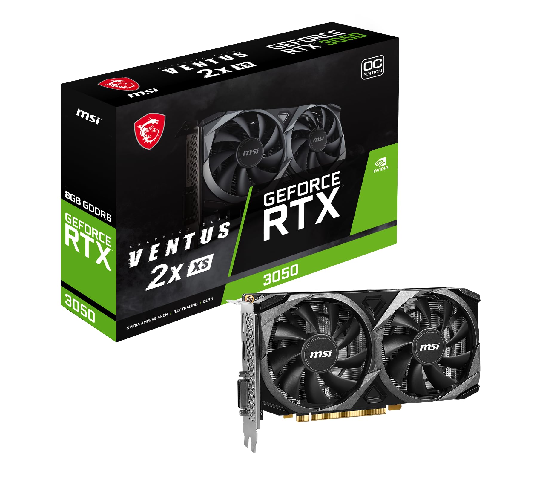 MSI GeForce RTX 3050 VENTUS 2X XS 8G OC Gaming Graphics Card - 8GB GDDR6X, 1807 MHz, PCI Express Gen 4 x 8, 128-bit, 1x DP v 1.4a, HDMI 2.1 (Supports 4K)