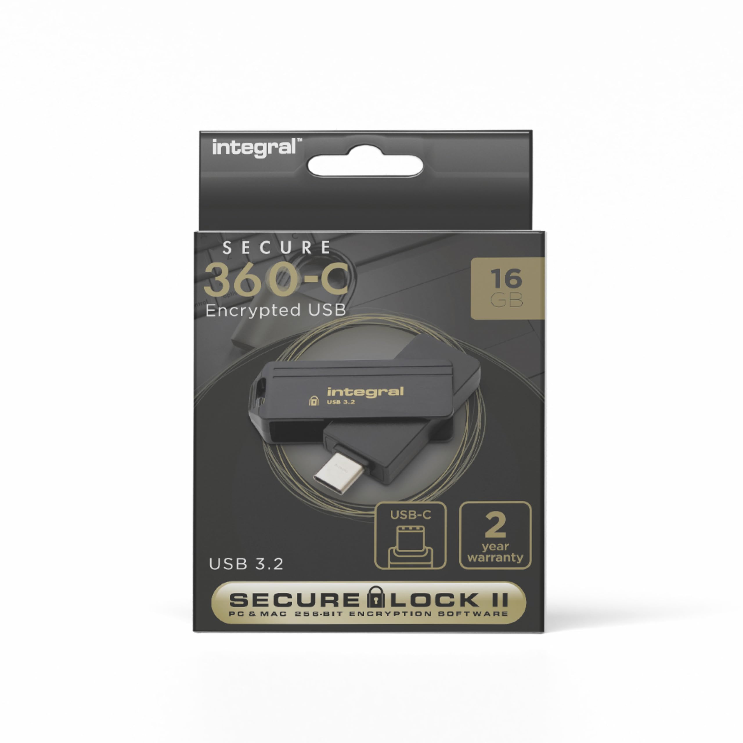 Integral Secure 360-C 16GB Software Encrypted USB Flash Drive - USB-C Connector - 256-bit AES encryption - Compatible with Mac, MacBook, PC, laptop