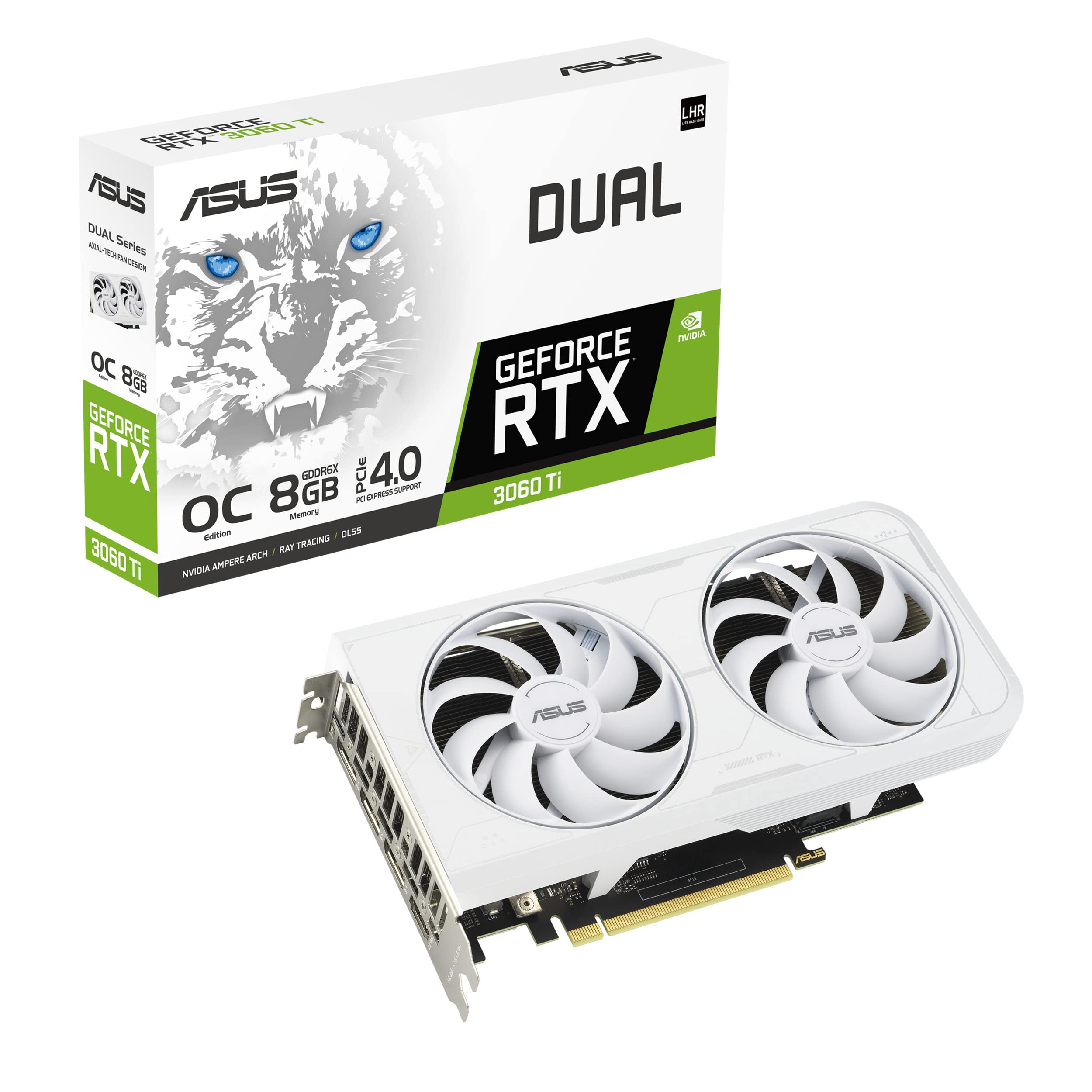 ASUS DUAL NVIDIA GeForce RTX 3060TI White OC Edition Graphics Card (PCIe 4.0, 8GB GDDR6X, HDMI 2.1, DisplayPort 1.4a, Dual ball Fan Bearings, Axial-tech fan design, 0dB technology)