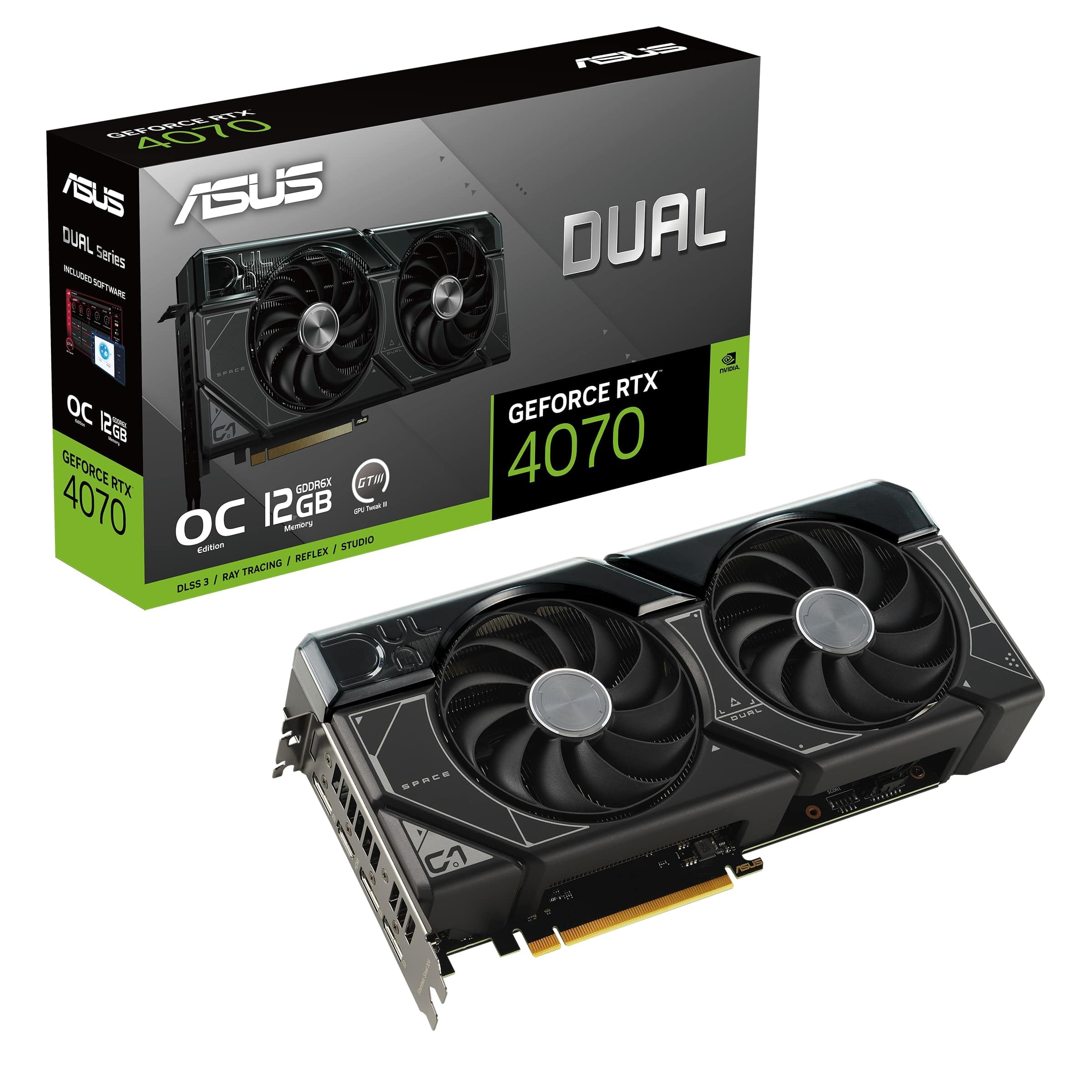 ASUS Dual GeForce RTX 4070 OC Edition 12GB GDDR6X (PCIe 4.0, 12GB GDDR6X, DLSS 3, HDMI 2.1, DisplayPort 1.4a, 2.55-slot design, Axial-tech fan design, 0dB technology, and more)
